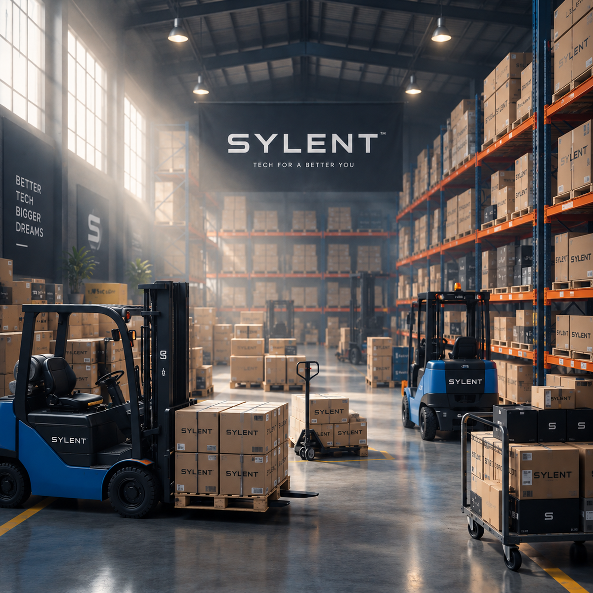 Modern mobile accessories fulfillment warehouse with shelving and packing stations